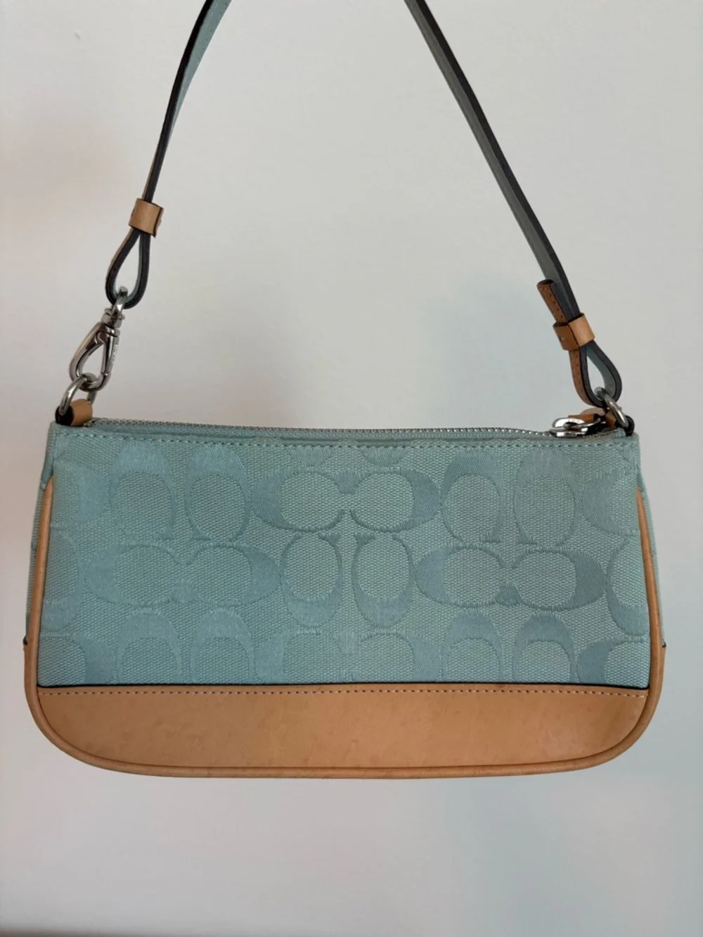 Light Blue Coach purse with Tan Trim - Picture 2 of 6